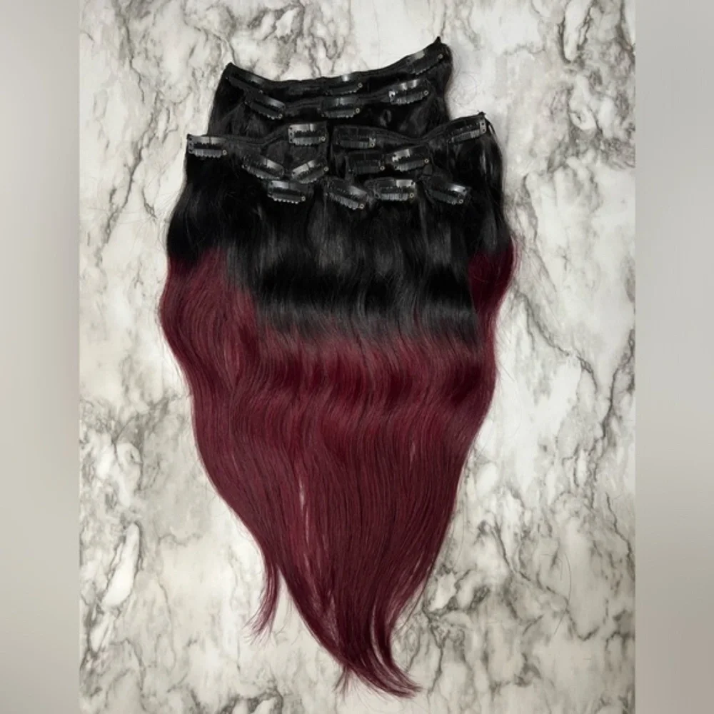 18 Inch  Clip In 100% Human hair Balayage Black with Red Burgundy Straig…